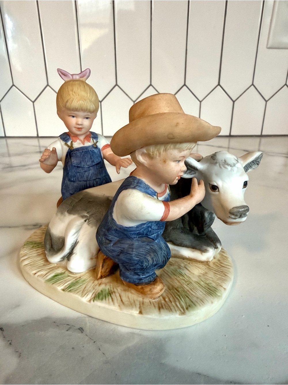 Vintage 1985 Homco Denim Days #8878 Boy & Girl with Cow